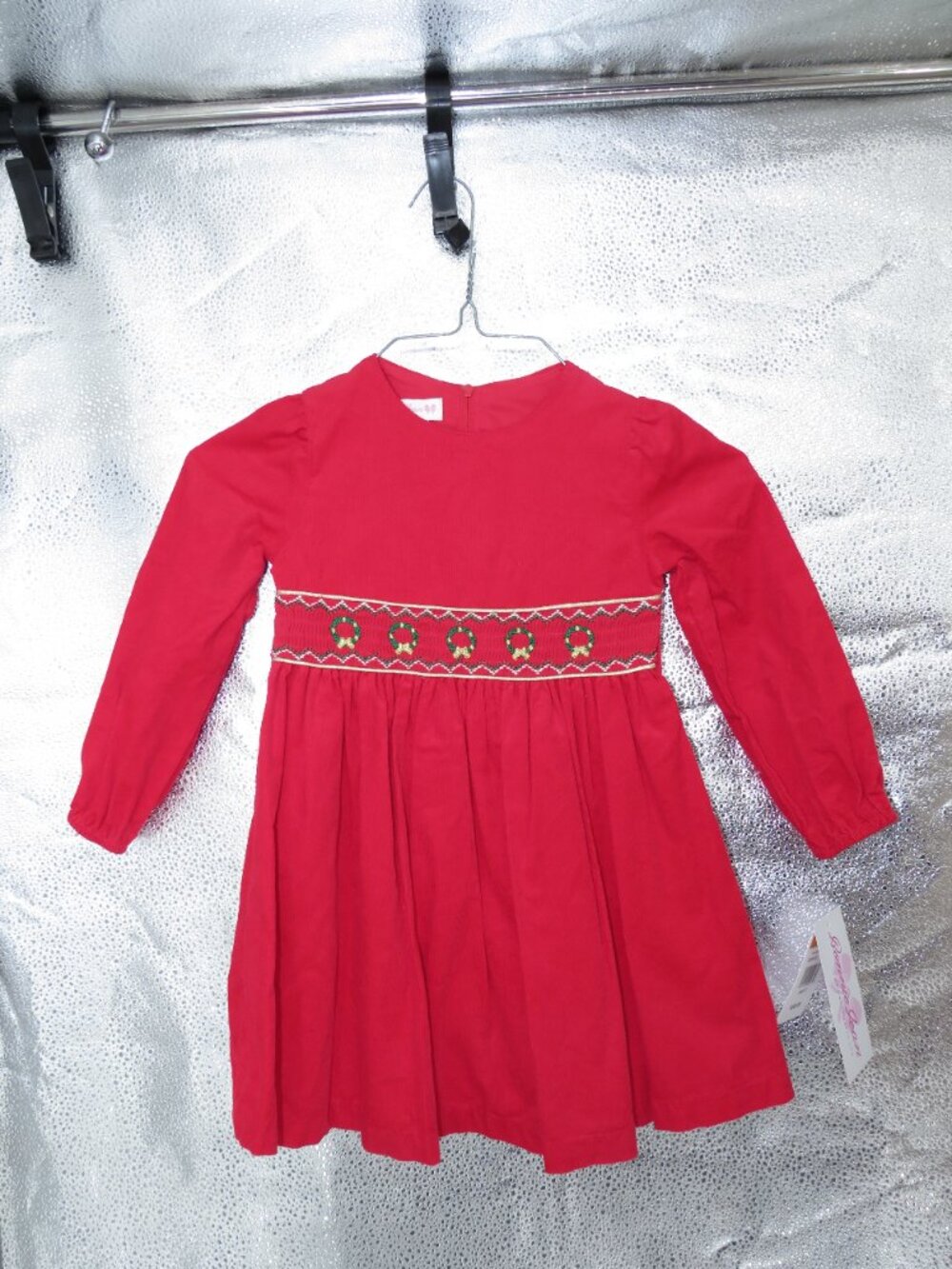Bonnie Jean Red Smocked Christmas Wreath Corduroy Dress 3T Toddler Long Sleeve